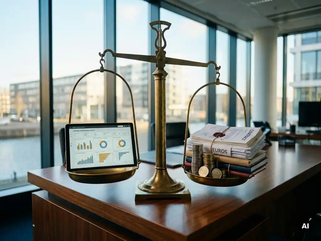 Messing weegschaal op kantoorbureau met Power BI-dashboard aan één kant en euromunten met contracten aan de andere kant.