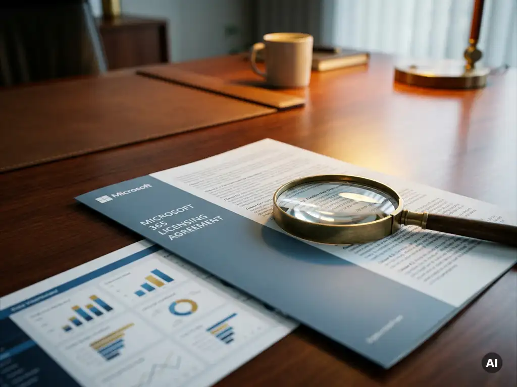 Gedeeltelijk ontvouwen Microsoft 365-licentiedocument op zakelijk bureau met vergrootglas over gemarkeerde clausule en Power BI-dashboard eronder.