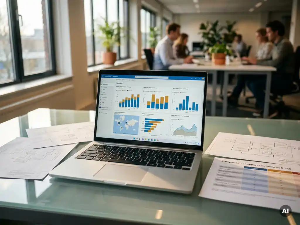Microsoft 365-dashboard op laptop omringd door softwarelicentiedocumenten en vergelijkingstabel op glazen bureau in modern kantoor.