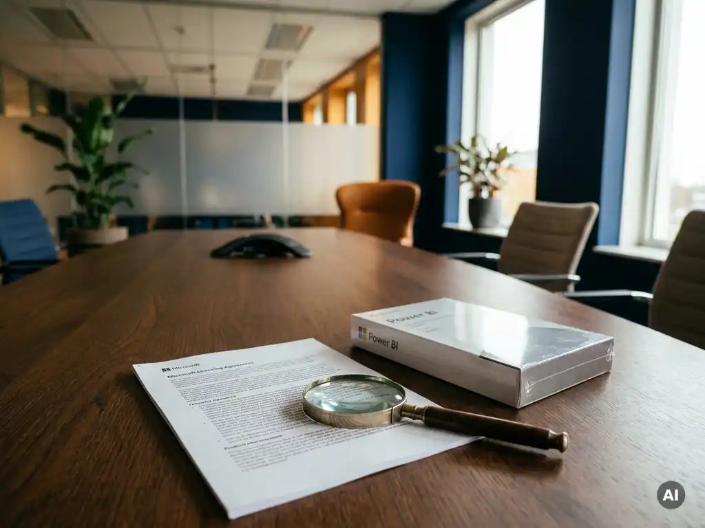 Microsoft-licentiecontract en Power BI-doos op vergadertafel, met vergrootglas op de kleine lettertjes.