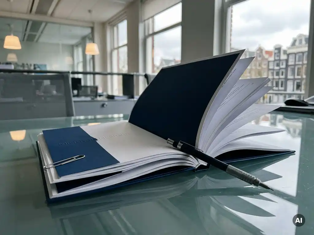 Microsoft-licentiedocument opengeslagen op glazen bureau met paperclip en mechanisch potlood in modern Amsterdams kantoor.