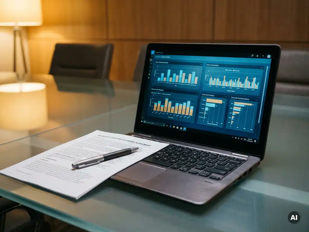 Zakelijke laptop met twee verlichte dashboardpanelen op glazen vergadertafel, gedeeltelijk bedekt door een Microsoft-licentiecontract en een pen.