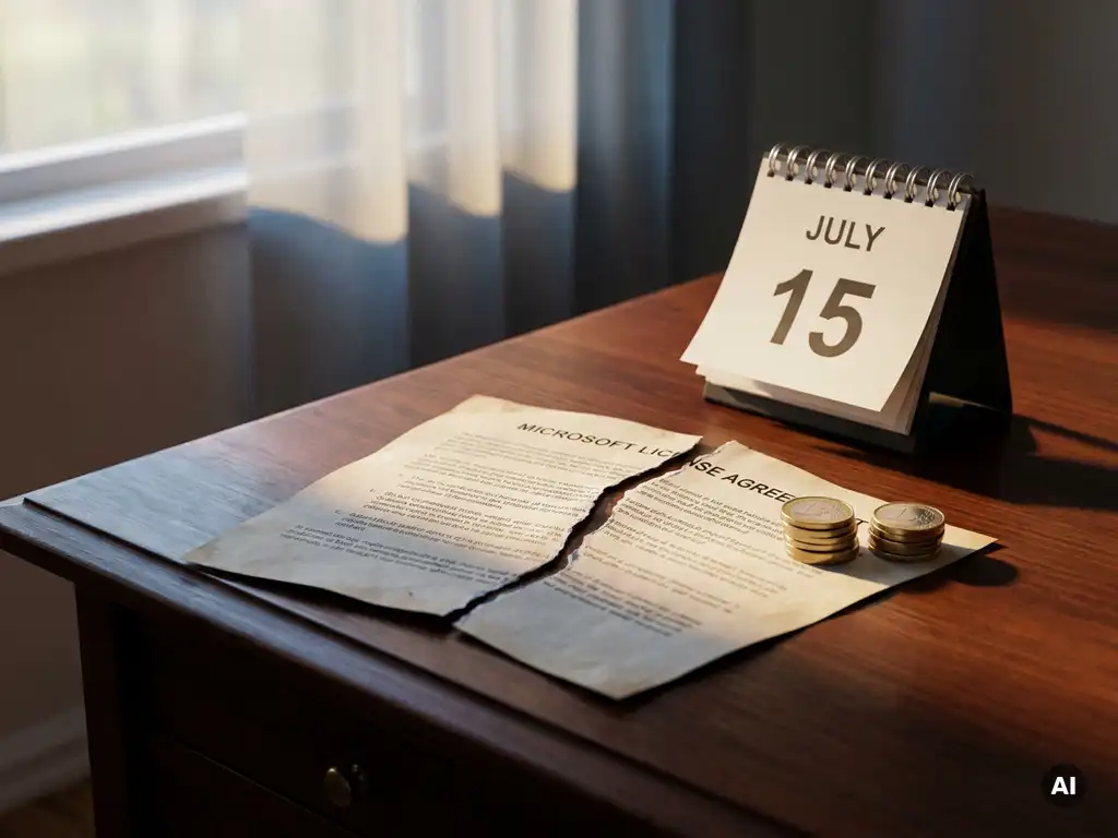Halfgescheurde Microsoft-licentieovereenkomst op een bureau met een stapel euromunten en een opengeslagen kalender.