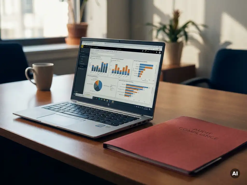 Laptop met Power BI-dashboard op kantoorbureau naast een ongeopende rode auditmap, zachte belichting benadrukt compliance-risico.