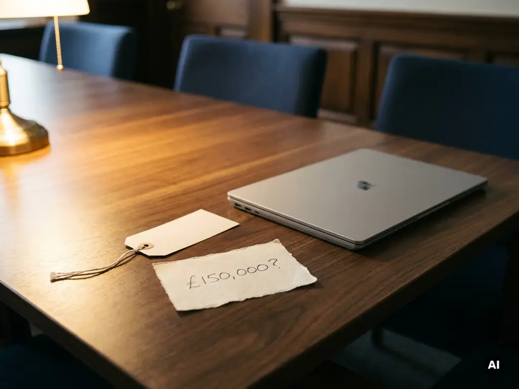 Prijskaartje en handgeschreven onderhandelingscijfer op gescheurd papier naast een laptop op een donkere vergadertafel.