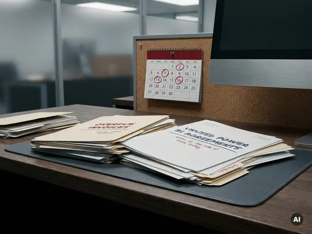 Stapel achterstallige facturen en ongebruikte licentieovereenkomsten op een zakelijk bureau met rode kalender die gemiste deadlines markeert.