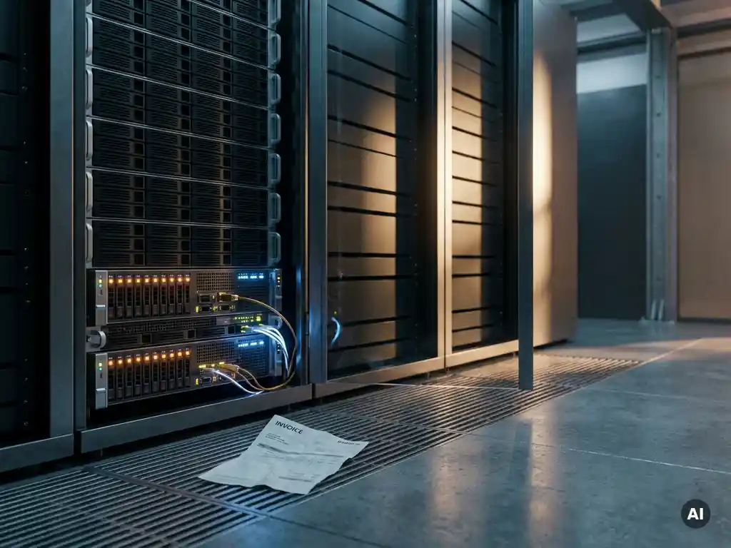 Half-gevuld serverrek in modern datacenter met lege slots, gloeiende actieve hardware en verfrommelde factuur op de vloer.