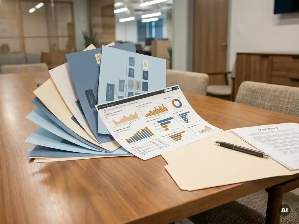 Stapel organisatieschema's op vergadertafel met een Power BI-dashboard printout en pen op opengeslagen contractmap.