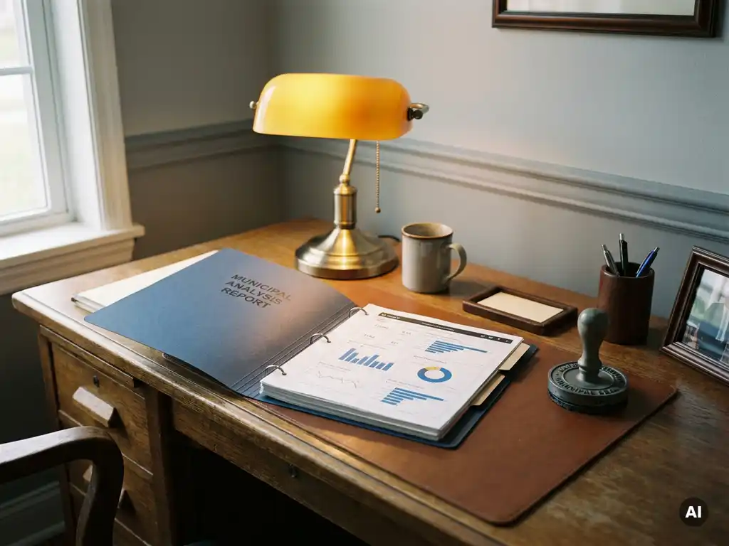 Gebonden Power BI-dashboardrapport op een overheidsbureau met gemeentelijk zegelstempel, verlicht door een warme bureaulamp.