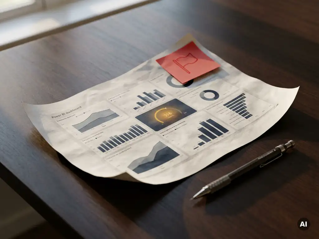 Verouderd Power BI-dashboard uitdraai met omgekrulde hoeken op een zakelijk bureau, rood gemarkeerde sticky note en mechanisch potlood ernaast.