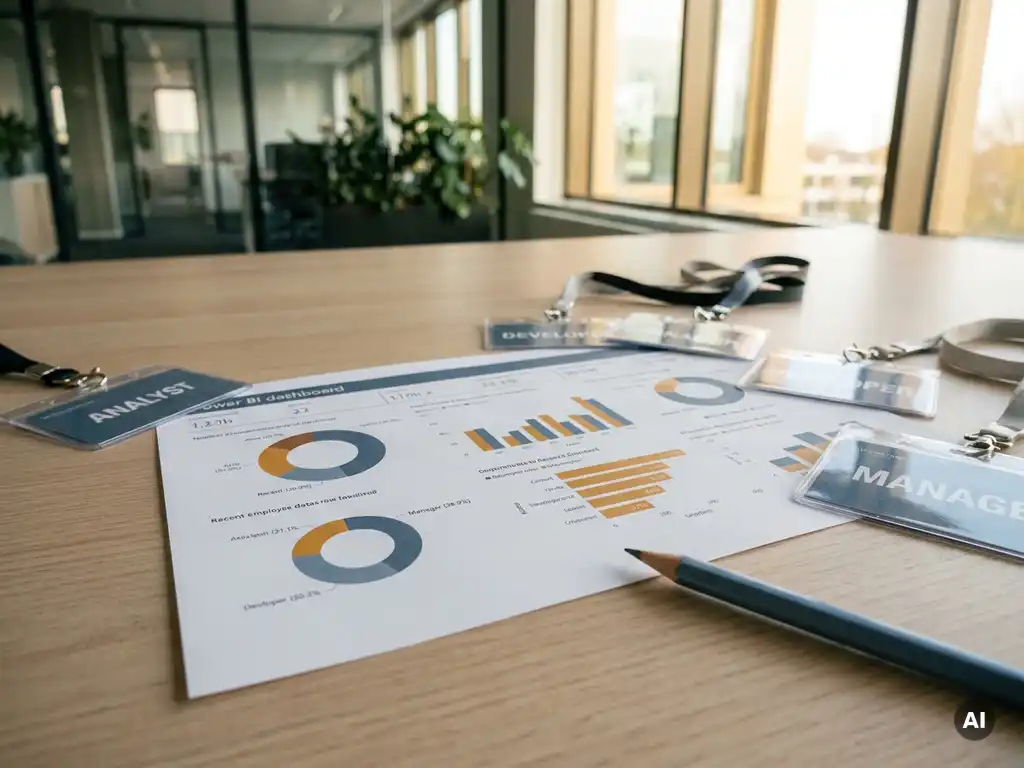 Afgedrukt Power BI-dashboard op een kantoorbureau, omringd door personeelspassen in leisteenblauw en amber licht.