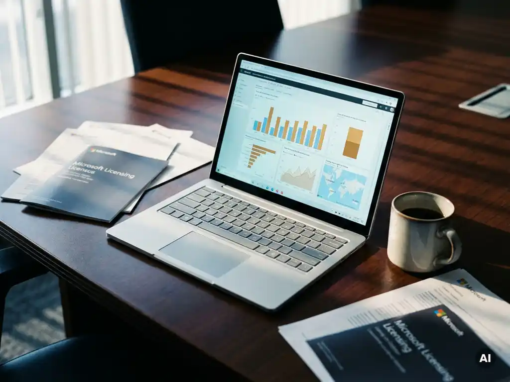 Power BI-dashboard op laptopscherm omringd door Microsoft-licentiedocumenten en koffiekop op zakelijk bureau.