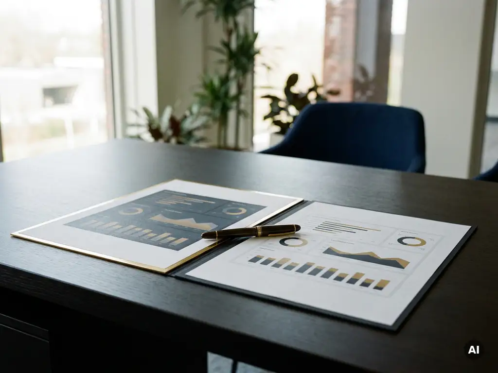 Twee Power BI-dashboardafdrukken op een zakelijk bureau, één met goudkleurige rand, met een vulpen erop in een modern kantoor.