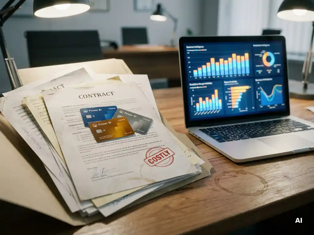 Wirwar van Power BI licentiekaarten en contractdocumenten op een bureau, met een laptop met dashboardgrafieken op de achtergrond.