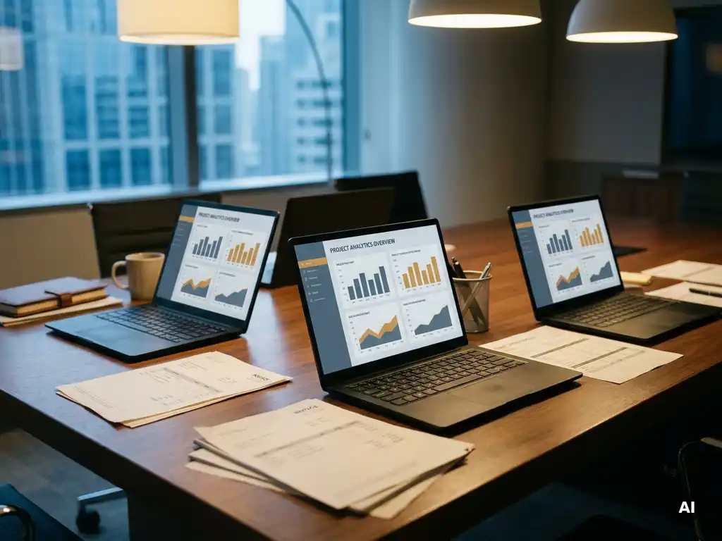 Drie laptops op een zakelijk bureau tonen hetzelfde Power BI-dashboard, omringd door licentie­facturen en kostenoverzichten.