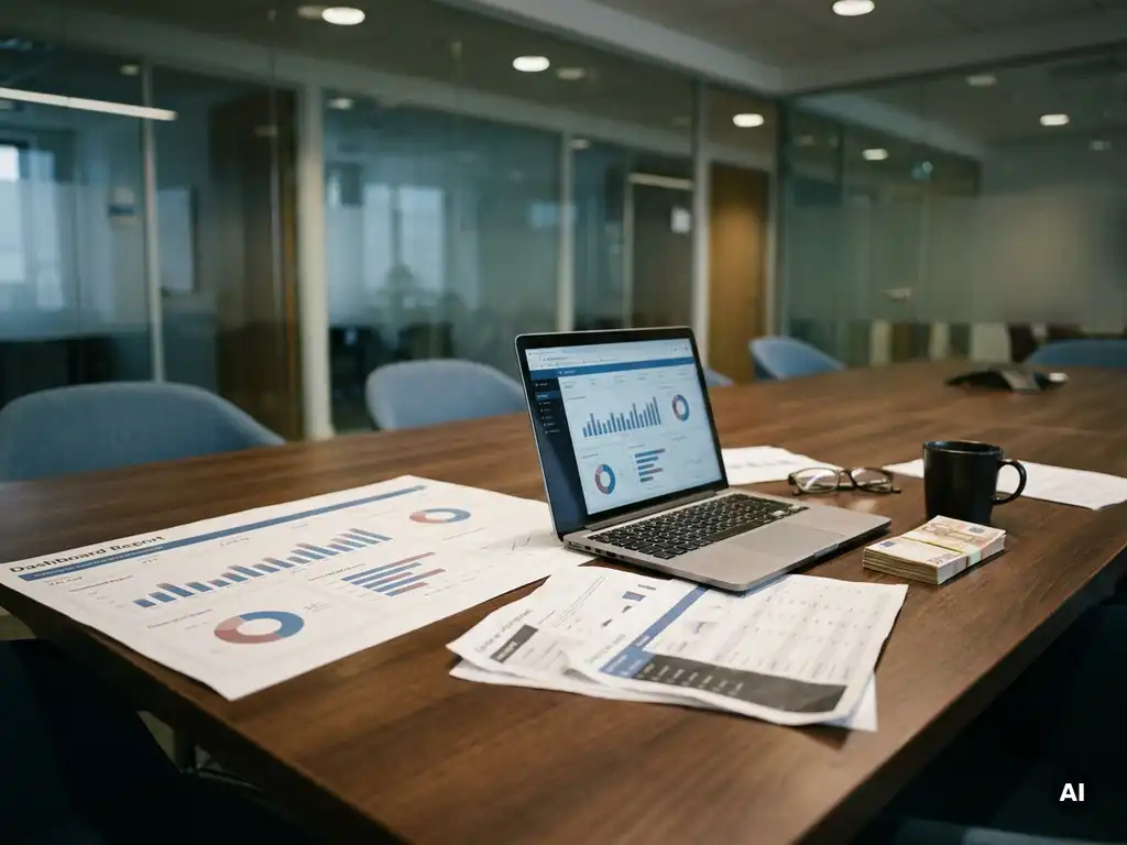 Power BI-dashboard op laptop omringd door gebruikersprofielen, één verkreukeld vel en eurobiljetten die financiële verspilling symboliseren.