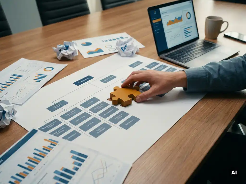 Puzzelstuk dat niet past in een organisatieschema op vergadertafel, omringd door Power BI-rapporten en laptop.