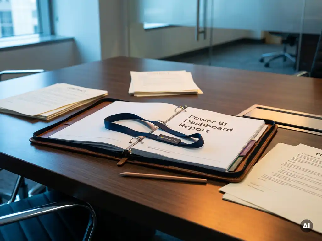 Open Power BI-rapportmap op zakelijk bureau met Microsoft Fabric-lanyard, contractdocumenten en potlood in blauw-amberkleurig kantoorlicht.