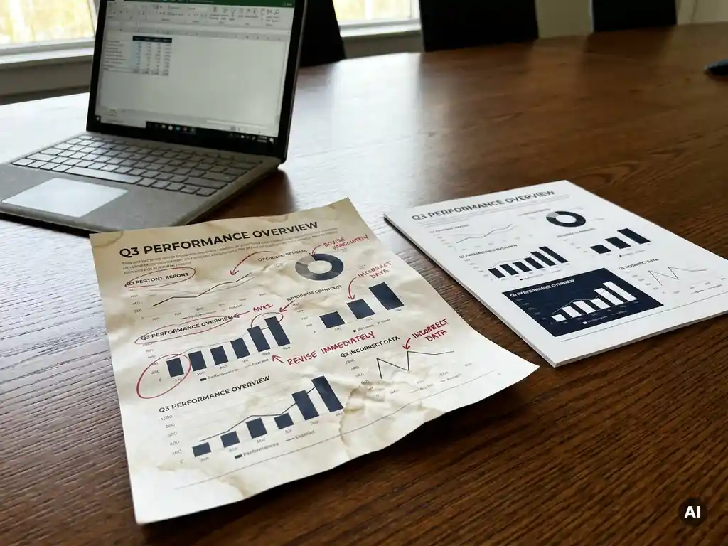 Verfrommeld enterprise-dashboardrapport met rode correctienotities naast een ongekreukte versie op een donker eiken vergadertafel.