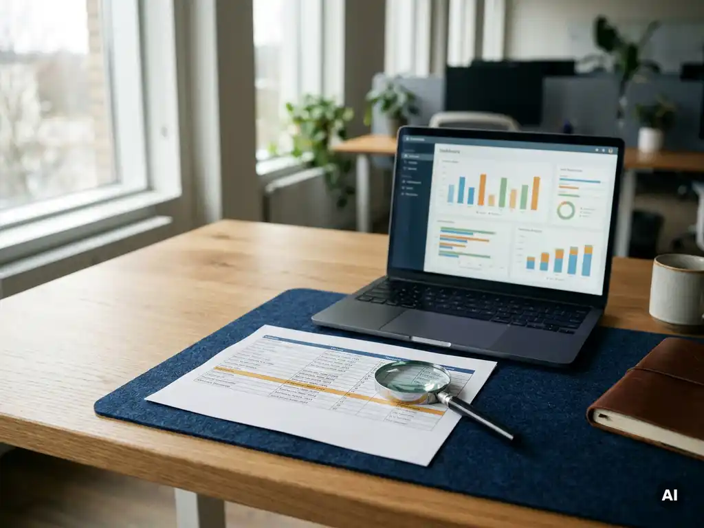 Vergrootglas op gemarkeerde rij in uitgeprinte softwarelicentietabel, met open laptop met Power BI-dashboard op kantoorbureau.