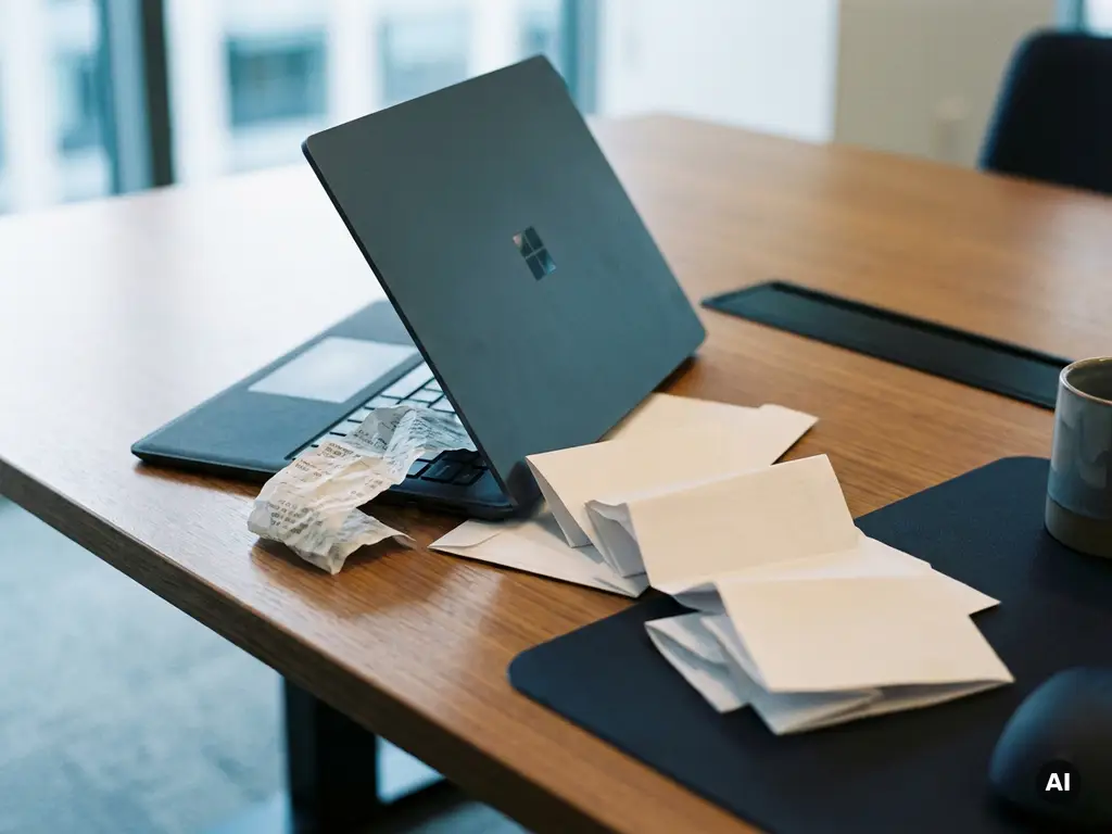 Verfrommelde bon die uit een laptop op een zakelijk bureau valt, symboliseert verborgen softwarekosten.