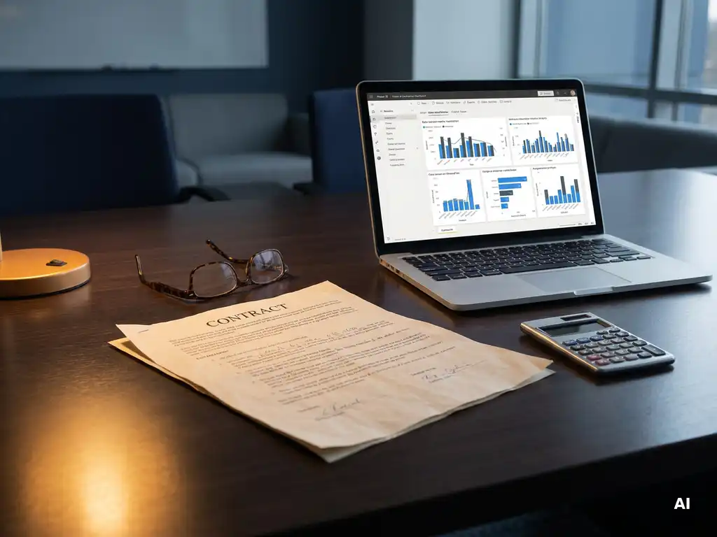Verkreukeld contract naast laptop met Power BI-dashboard, leesbril en rekenmachine op zakelijk bureau in marineblauw en grijs.