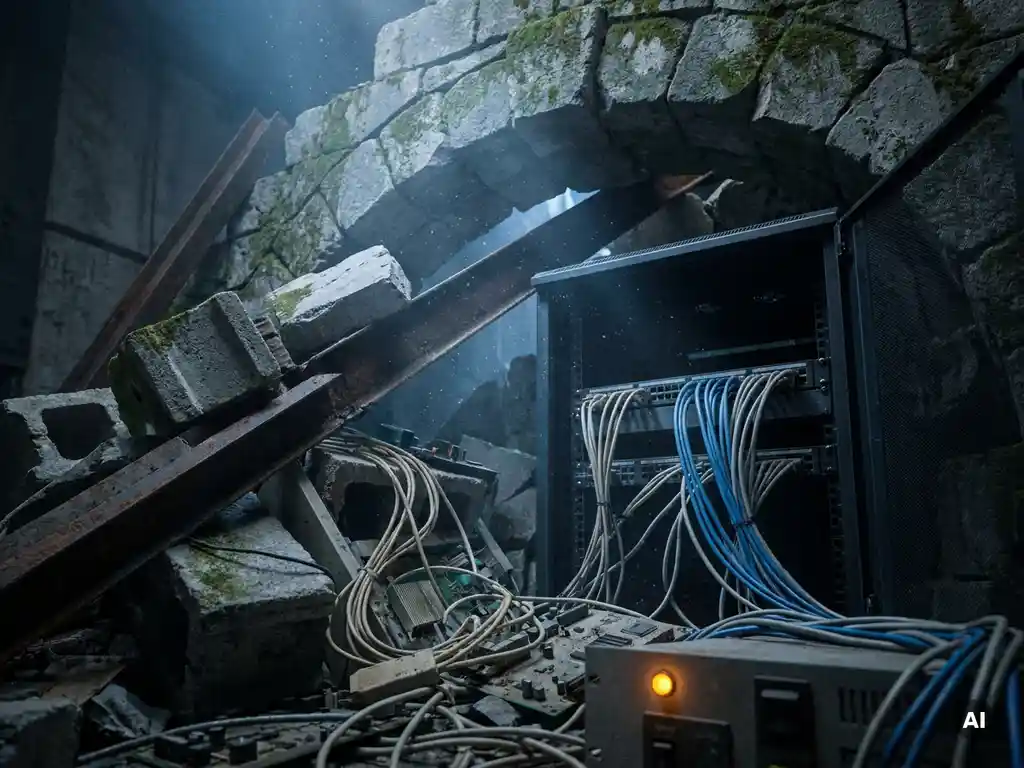 Verbrokkelde stenen boog ingestort op een moderne serverrack, puin en verouderde hardware vermengd met enterprise-kabels in blauw licht met amber waarschuwingslamp.