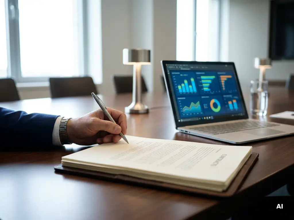 Zakelijke hand die een pen houdt boven een enterprise softwarecontract op een vergadertafel, met een laptop met datadashboards op de achtergrond.